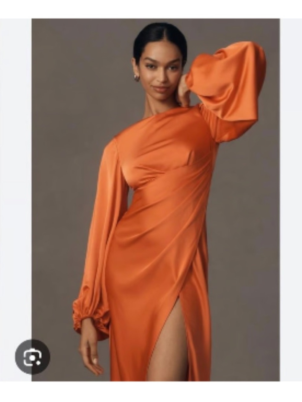 Significant Other One-Shoulder Orange Satin Gown with Dramatic Sleeve